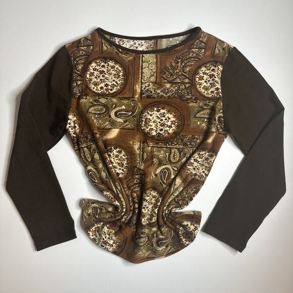 Vintage Y2K Brown Baroque Paisley Top M Indie Retro Long Sleeve Stretchy Boho - Picture 3 of 8
